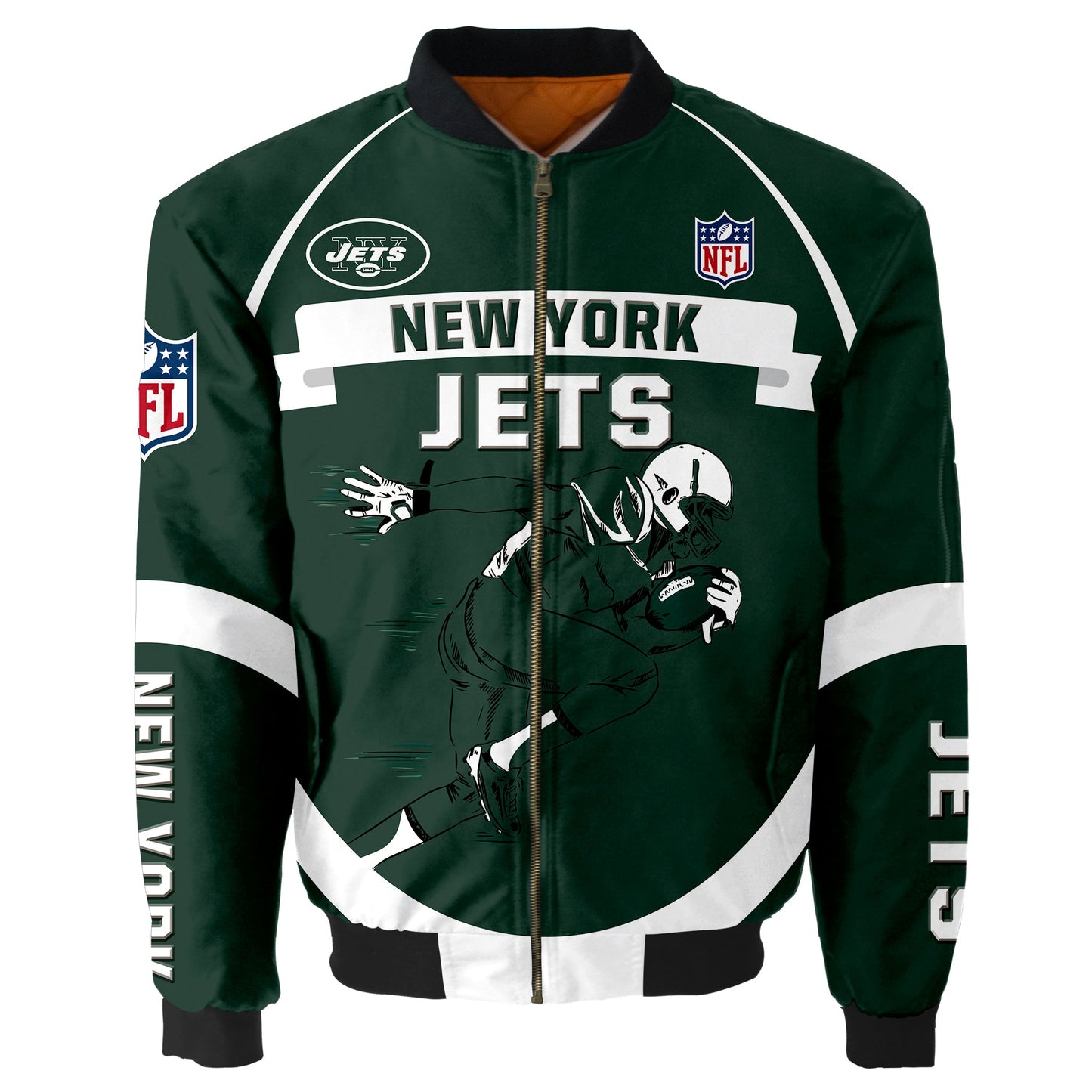 NFL New York Jets Bomber Jacket Graphic Football Player Running NH24