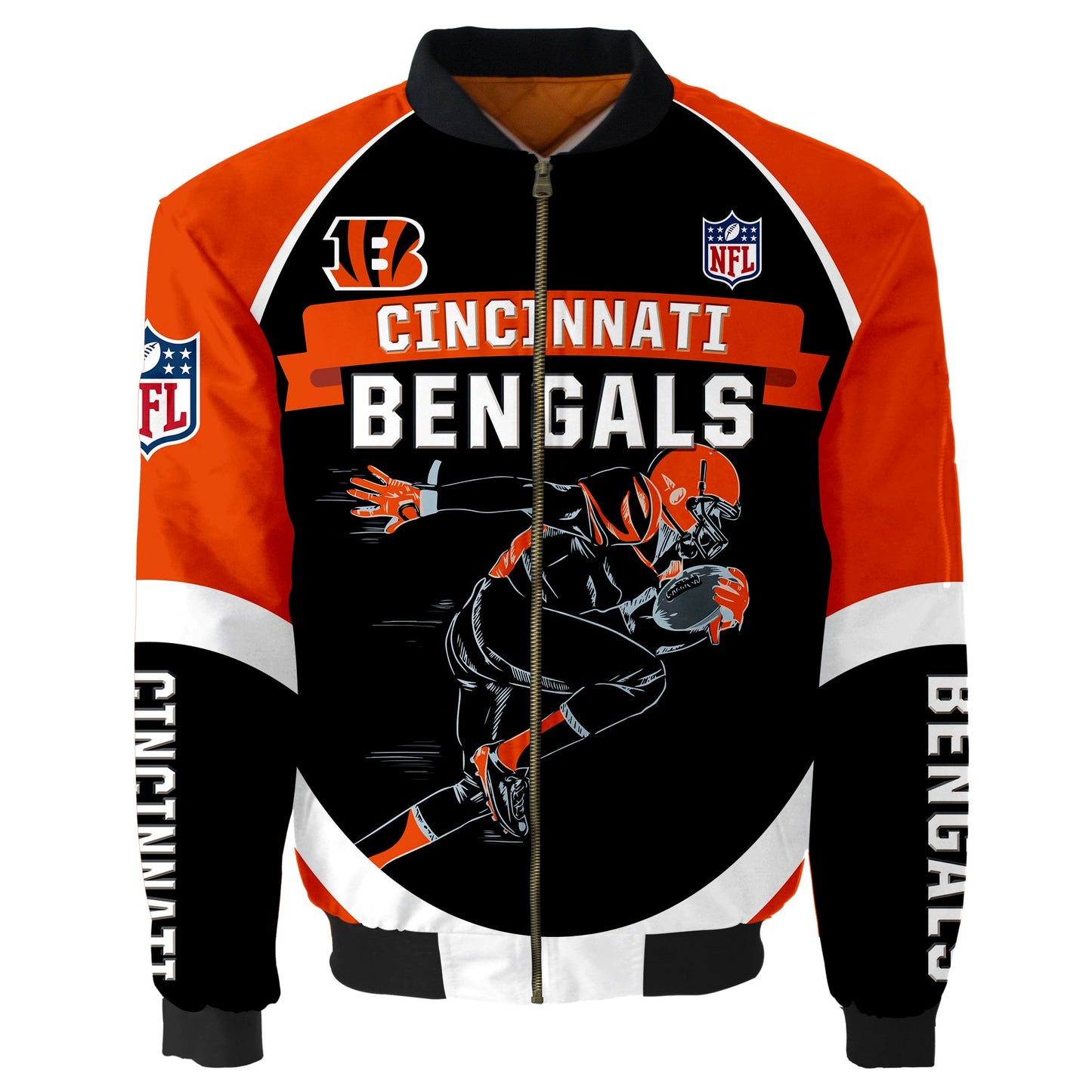 NFL Cincinnati Bengals Bomber Jacket Graphic Football Player Running NH24