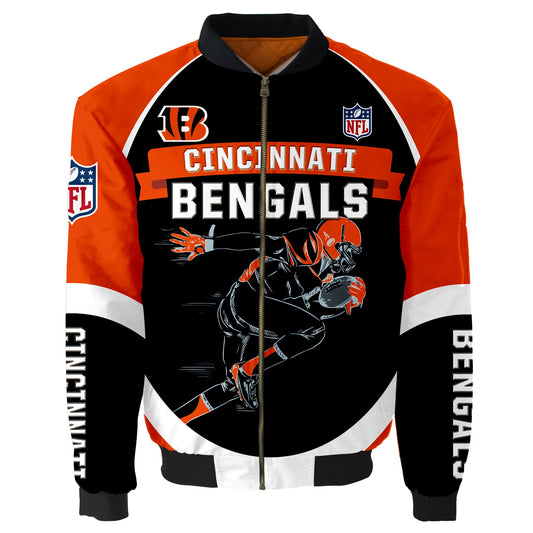 NFL Cincinnati Bengals Bomber Jacket Graphic Football Player Running NH24