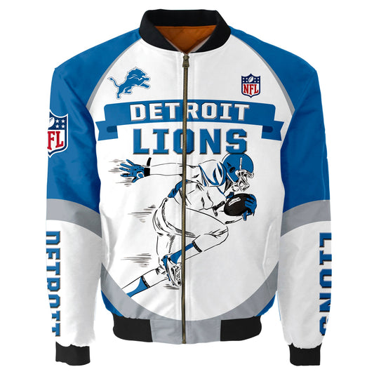 NFL Detroit Lions Bomber Jacket Graphic Football Player Running NH24