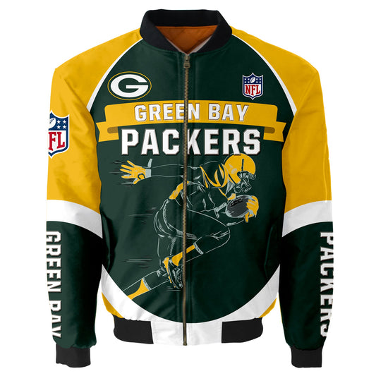 NFL Green Bay Packers Bomber Jacket Graphic Football Player Running NH24