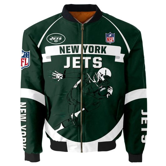 NFL New York Jets Bomber Jacket Graphic Football Player Running NH24